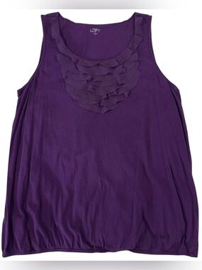 LOFT Ann Taylor Purple Ruffle Neck Tank Top XL Sleeveless Blouse Cotton